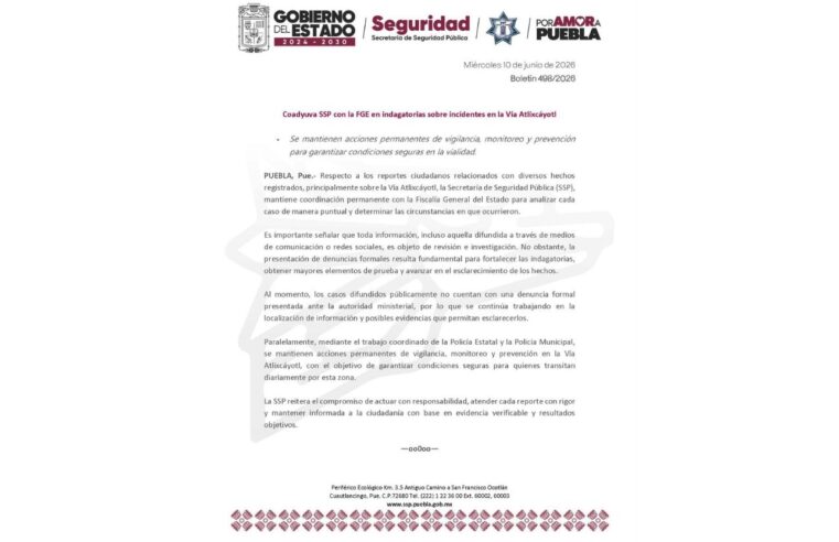 Coadyuva SSP con la FGE en indagatorias sobre incidentes en la Vía Atlixcáyotl